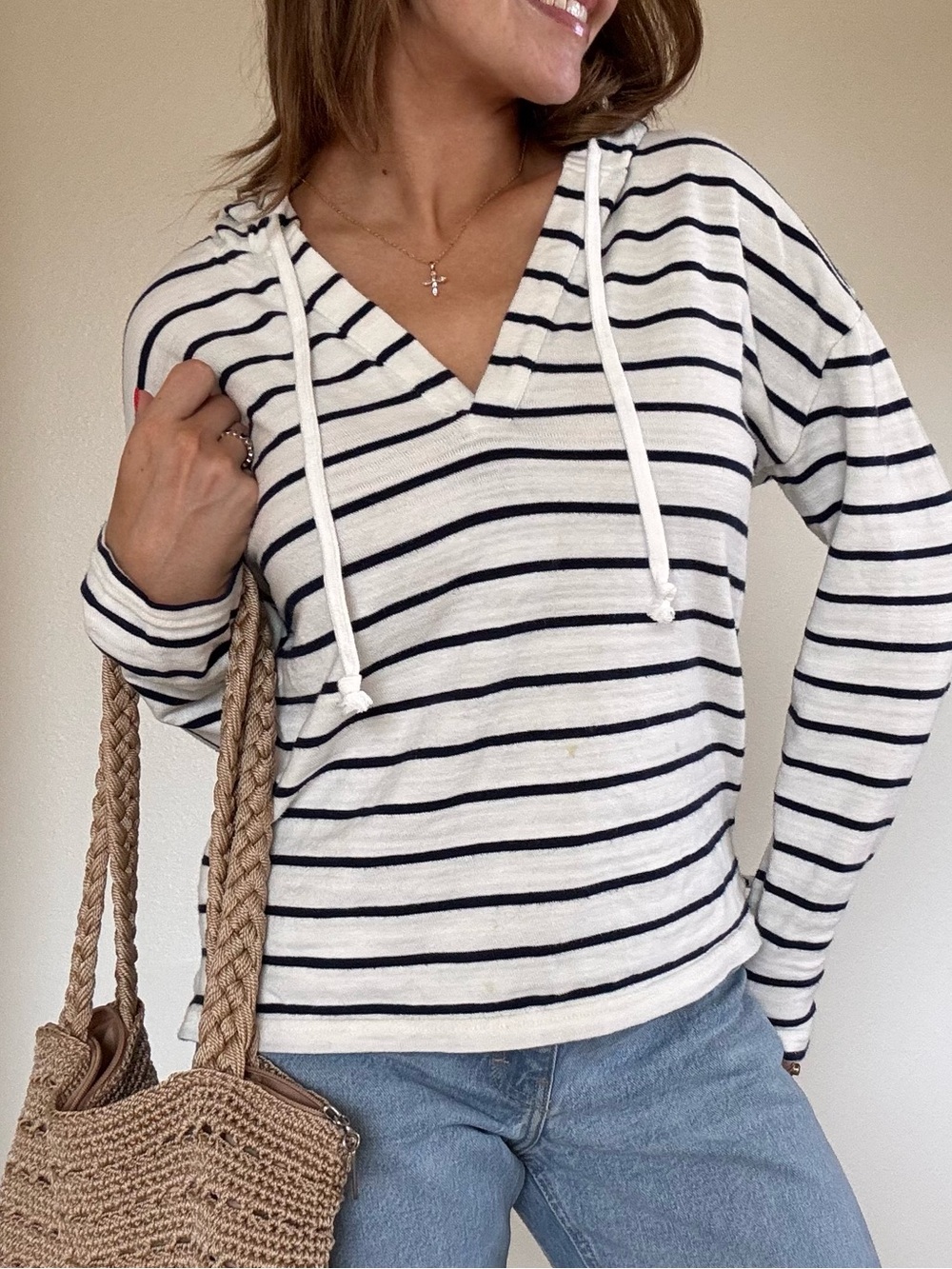 J. Crew White and Navy Striped Hooded Pullover